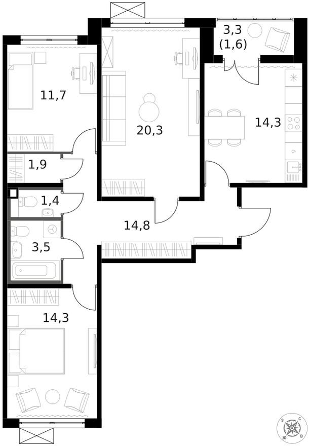 Планировка — 3к. квартира, 84.1 м²