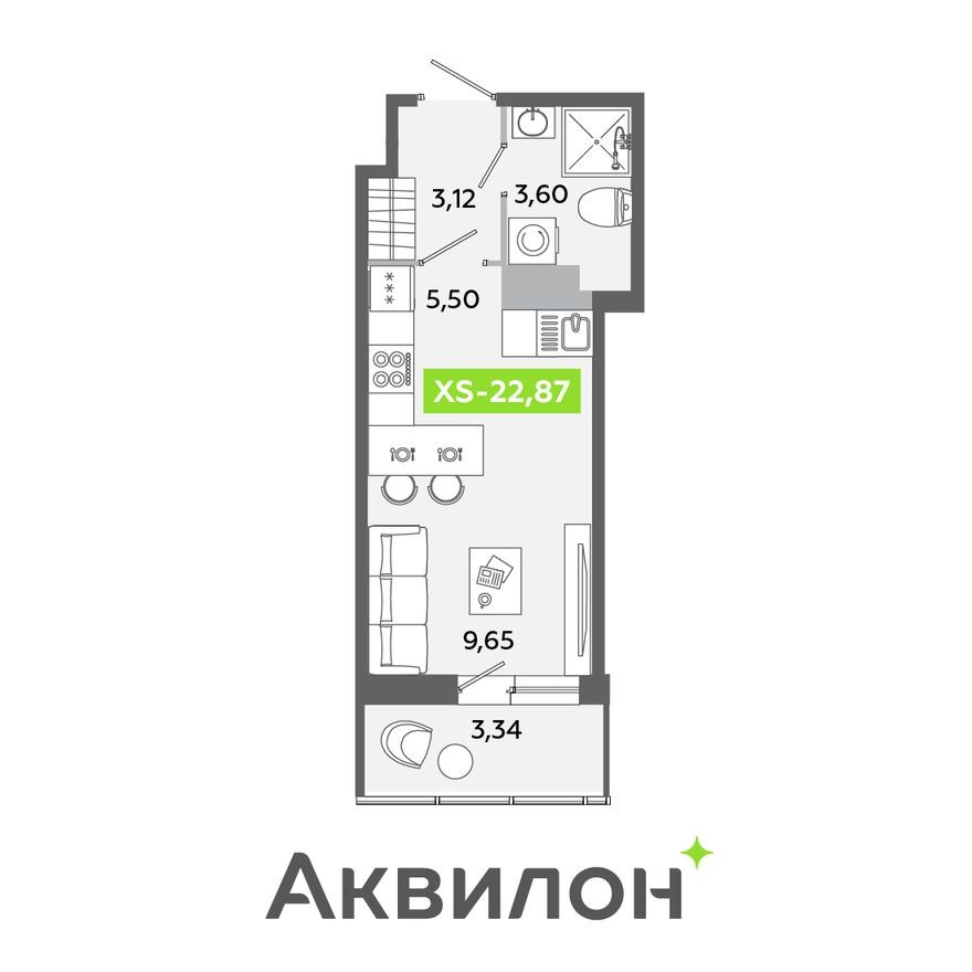 Студия-квартира, 22.9 м²