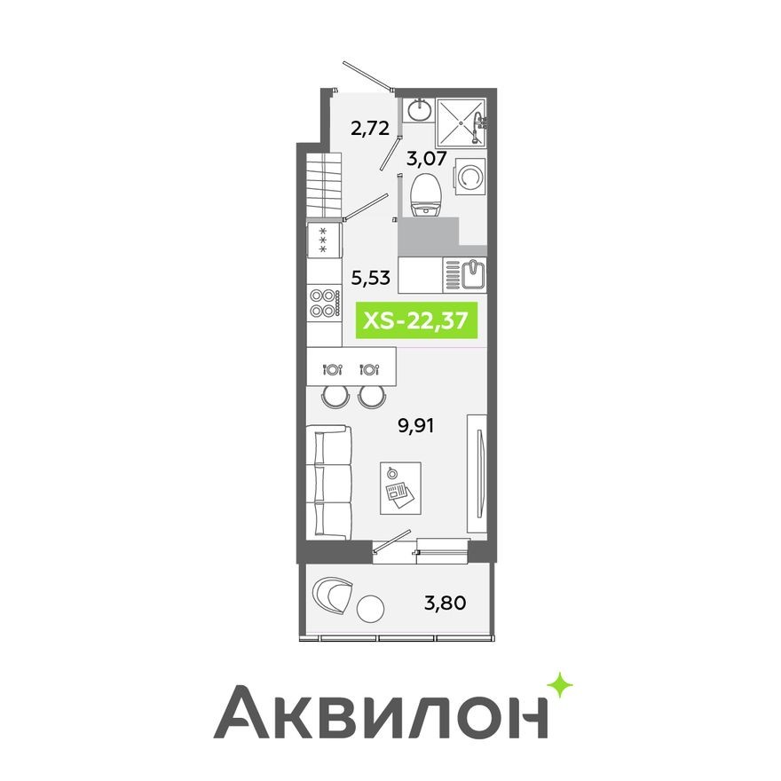 Студия-квартира, 22.4 м²
