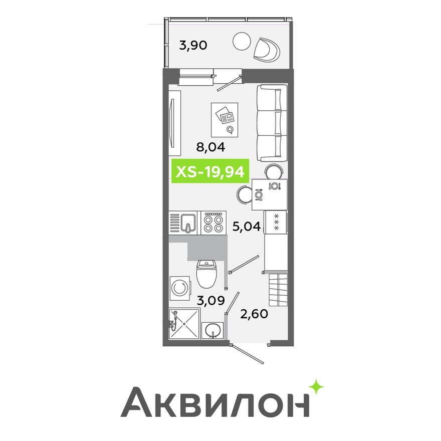 Студия-квартира, 19.9 м²