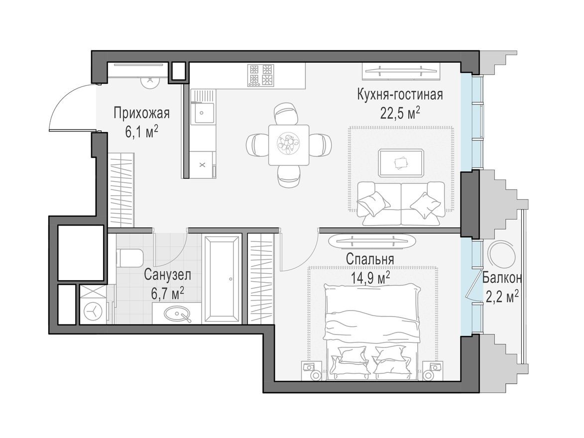 1к. квартира, 50.9 м²