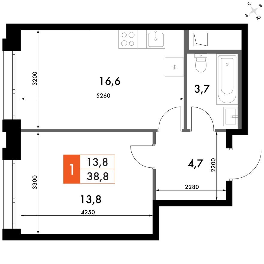 1к. квартира, 42.1 м²