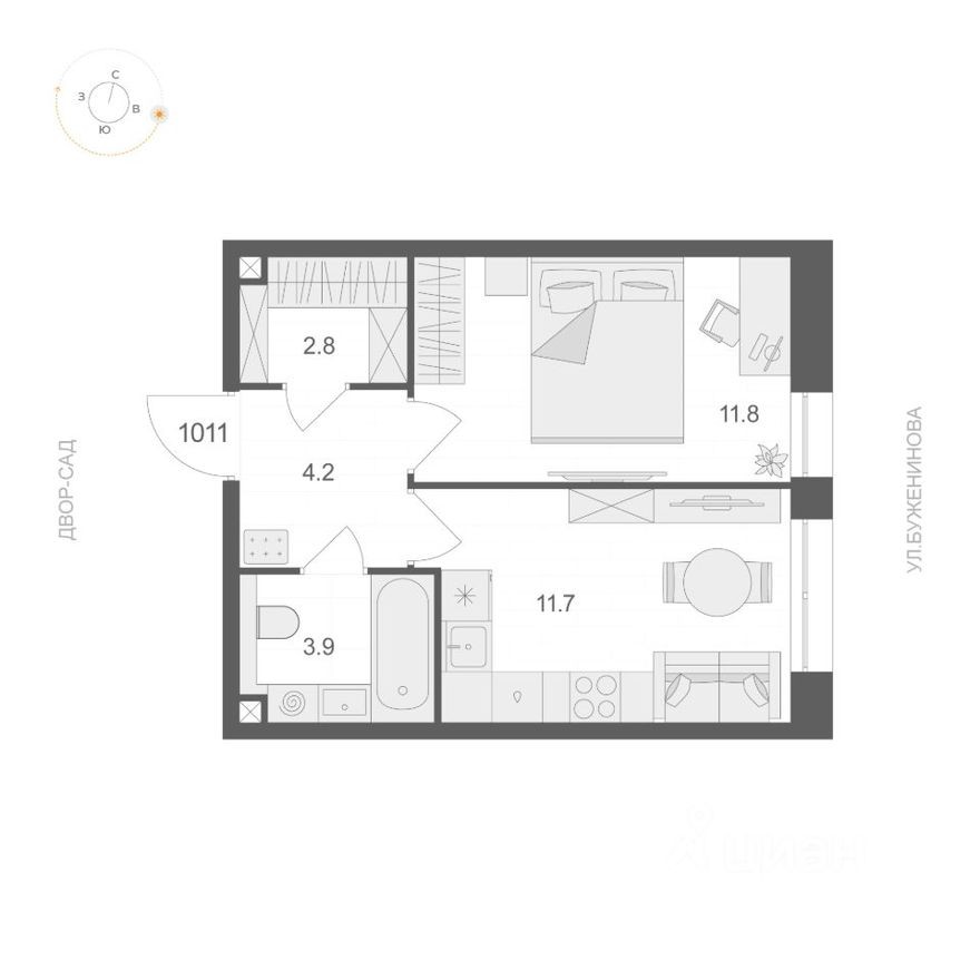 1к. квартира, 34.4 м²