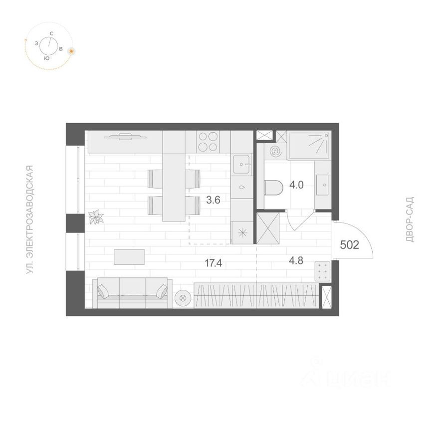 1к. квартира, 29.8 м²
