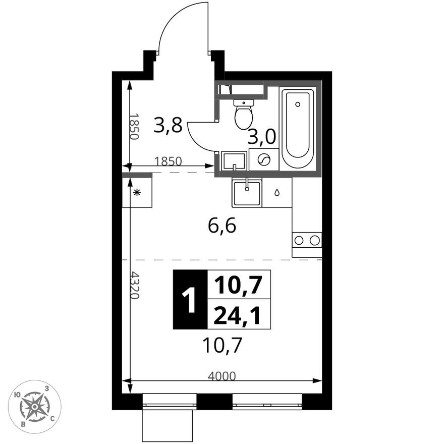 Студия-квартира, 24.1 м²