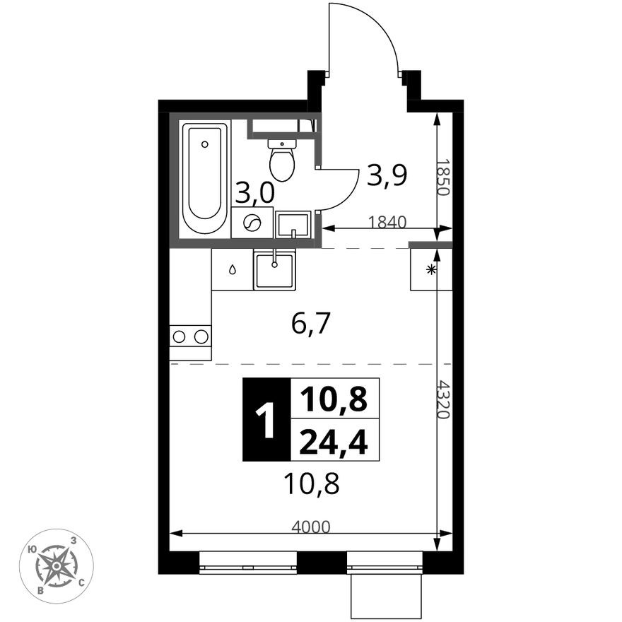 Студия-квартира, 24.4 м²