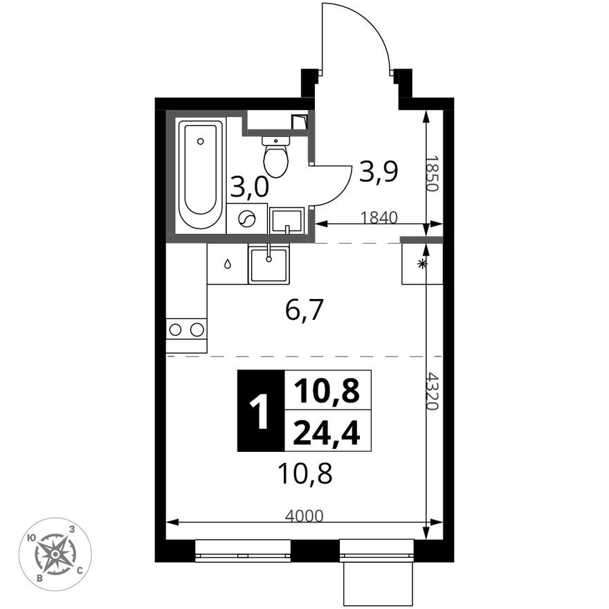 Студия-квартира, 24.4 м²