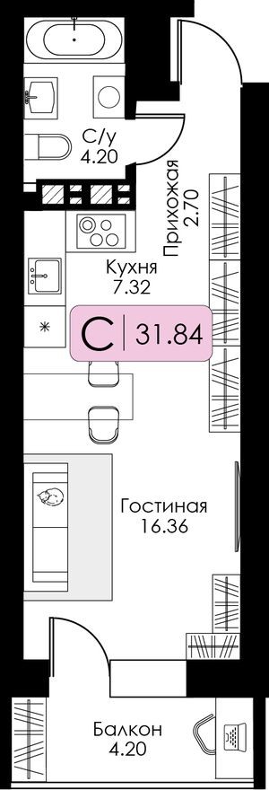 Студия-квартира, 31.8 м²