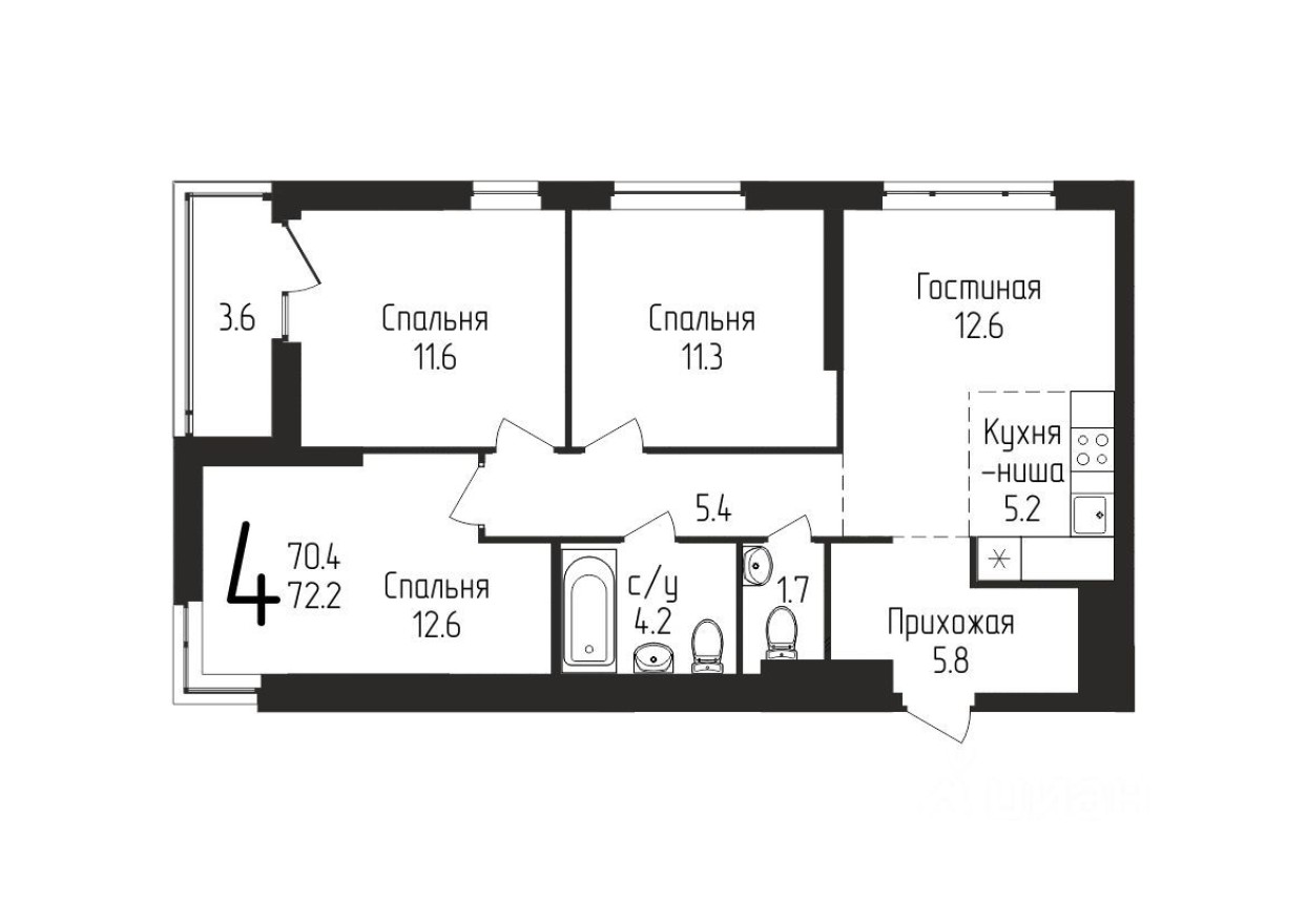 3к. квартира, 72.2 м²