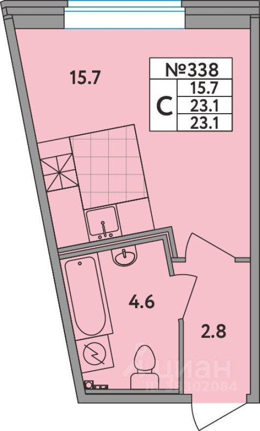 1к. квартира, 23.1 м²