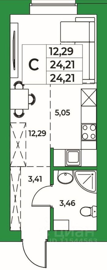 1к. квартира, 24.2 м²