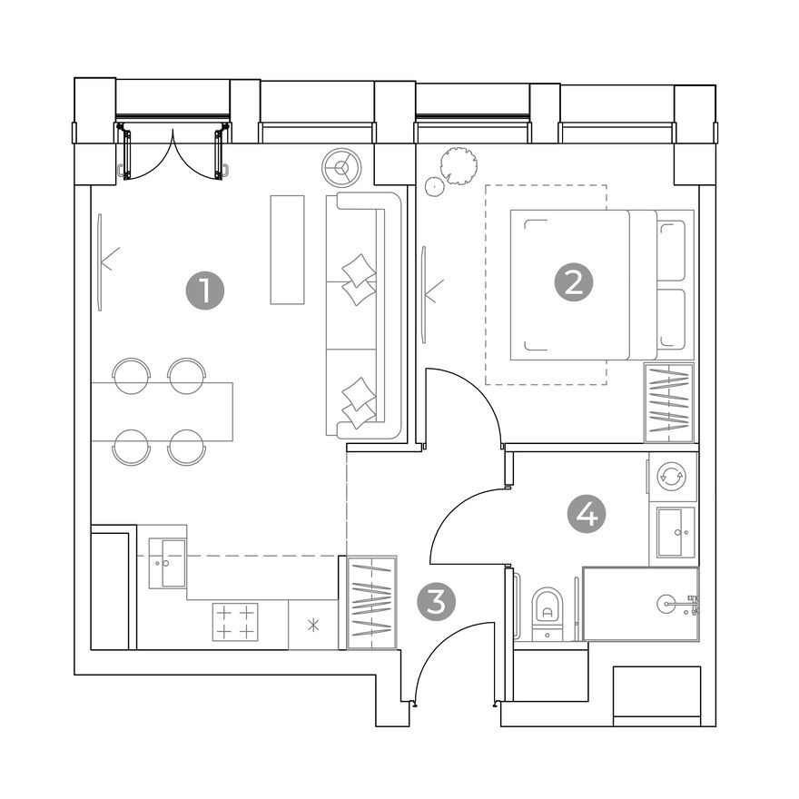 2к. апартаменты, 42.5 м²
