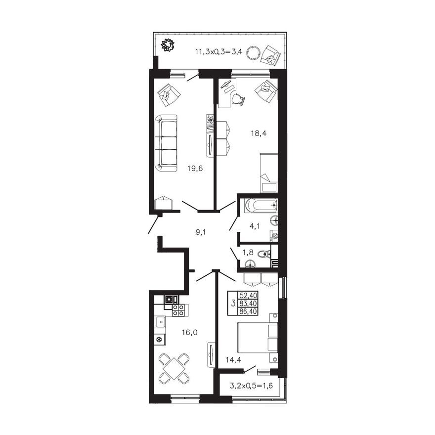 3к. квартира, 86.4 м²