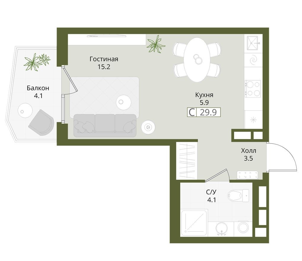Студия-квартира, 29.9 м²