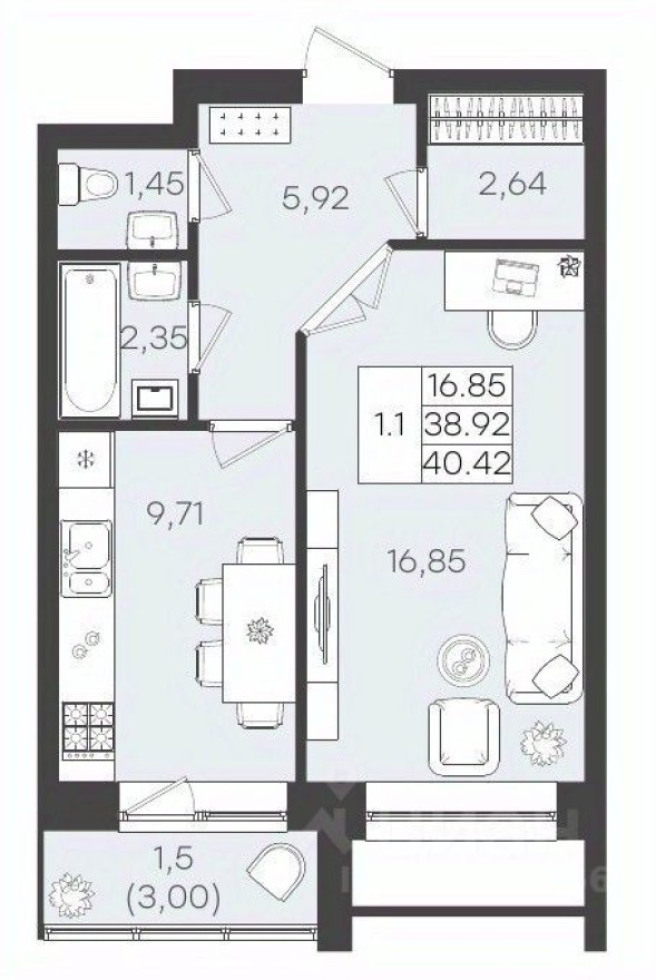1к. квартира, 40.9 м²