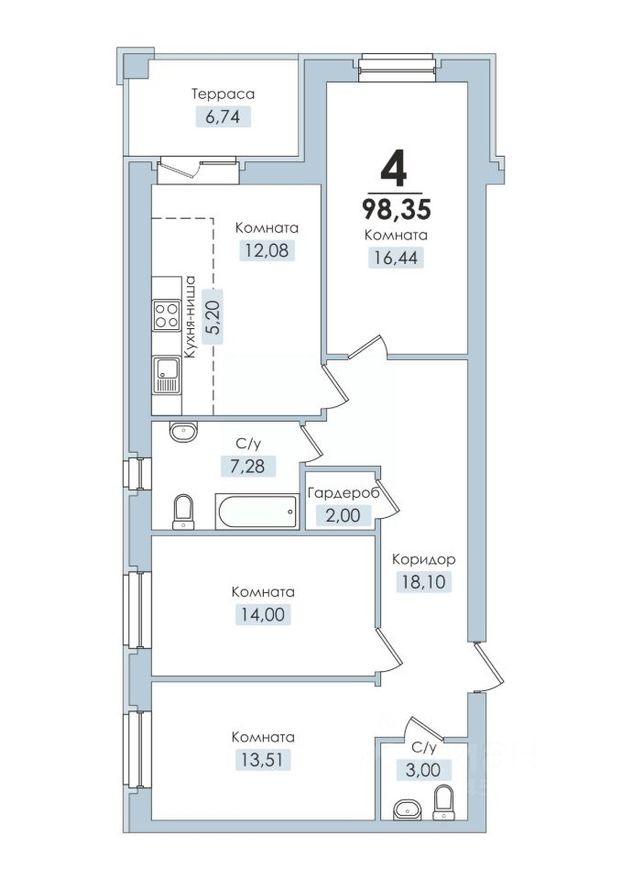 4к. квартира, 98.4 м²