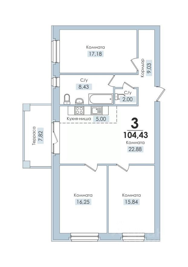 4к. квартира, 104.4 м²