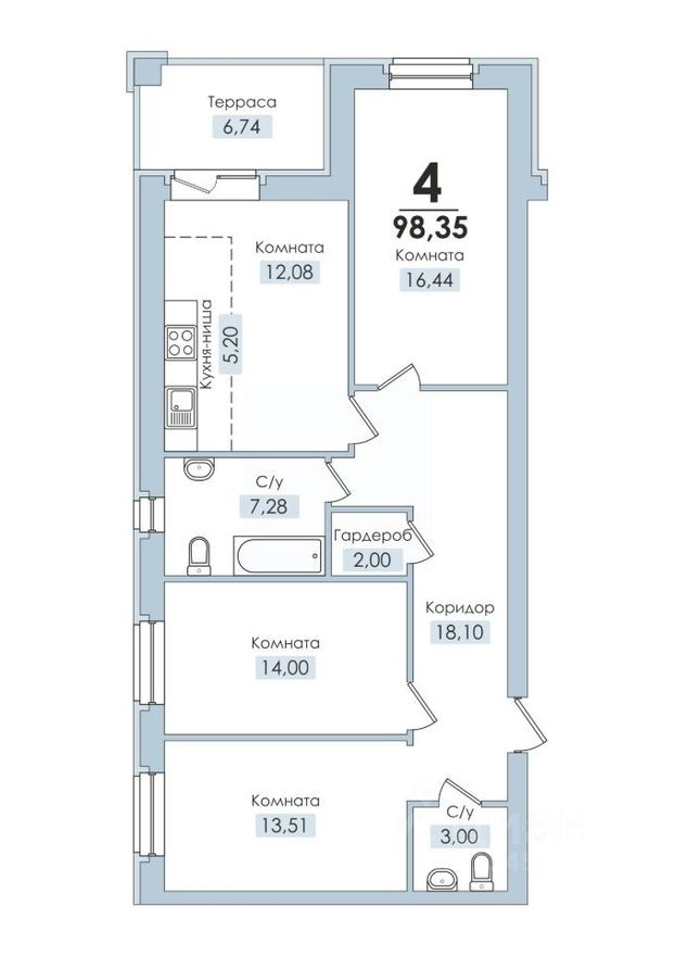 4к. квартира, 98.4 м²