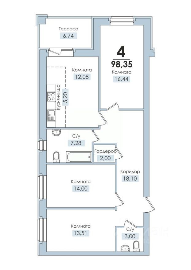 4к. квартира, 98.4 м²