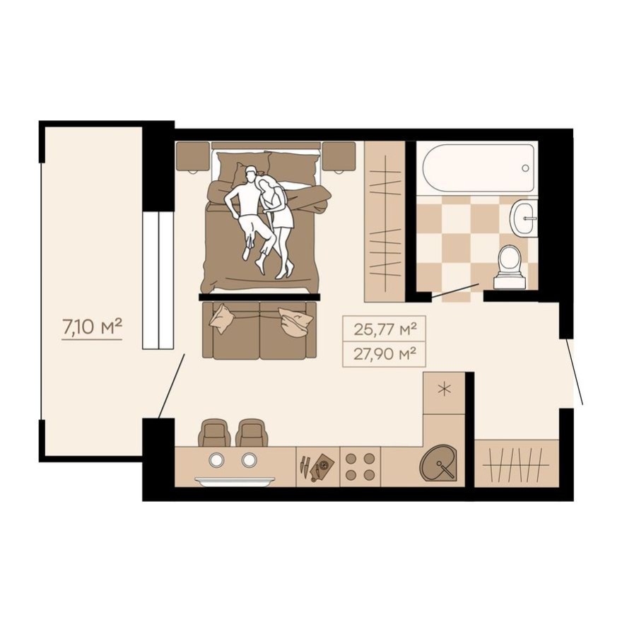 1к. квартира, 27.9 м²