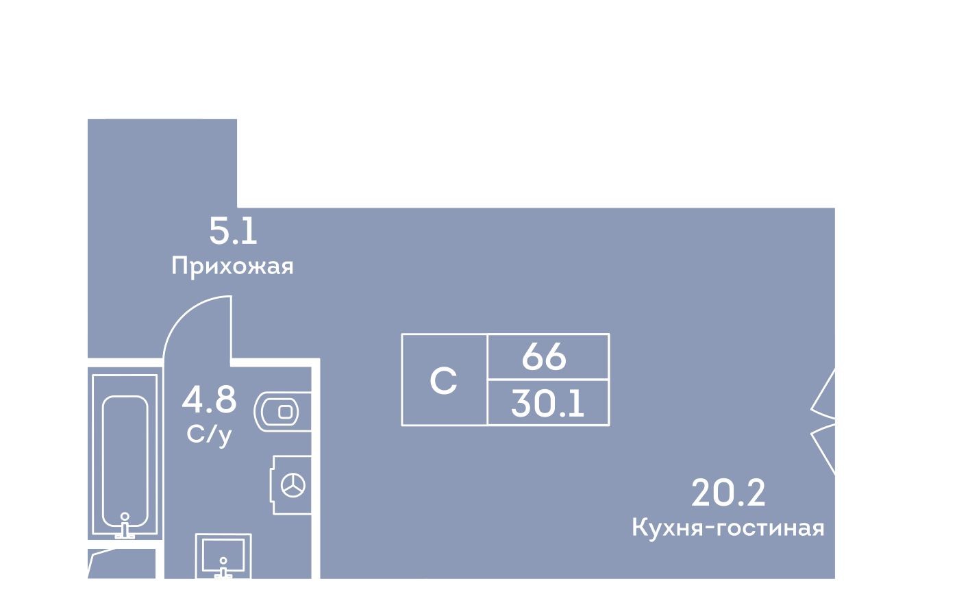 1к. квартира, 30.1 м²