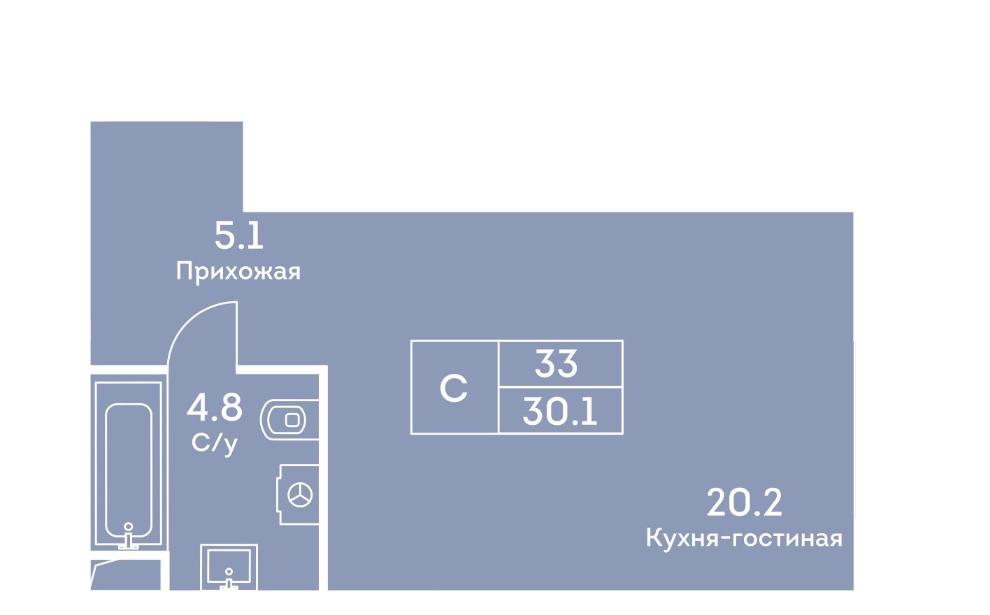 1к. квартира, 30.1 м²