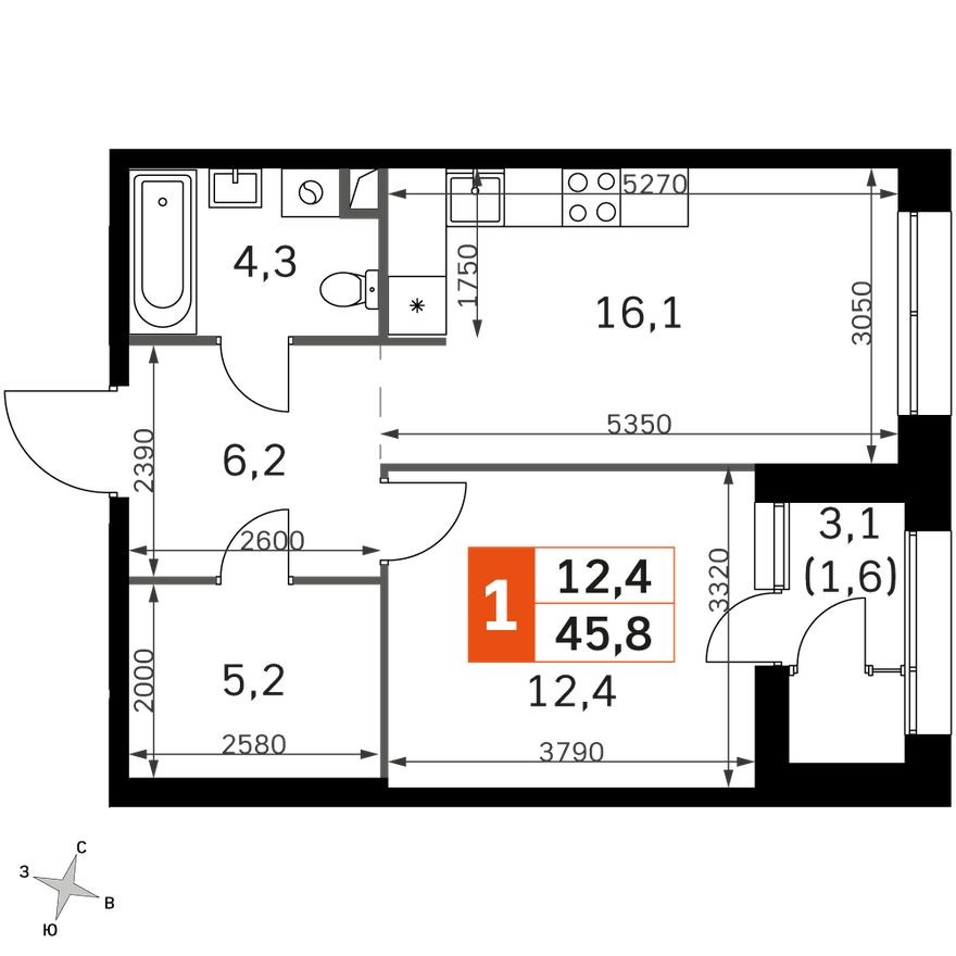 Планировка — 1к. квартира, 45.8 м²