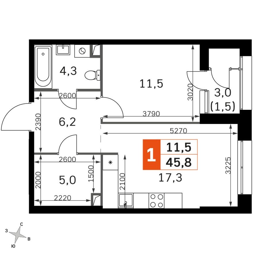 1к. квартира, 45.8 м²