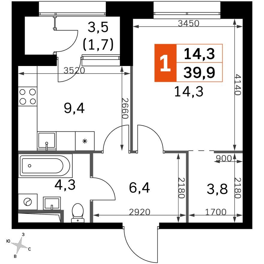 1к. квартира, 39.9 м²