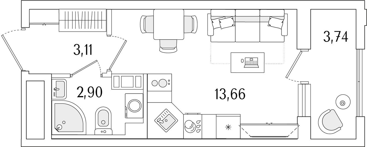 Студия-квартира, 21.5 м²