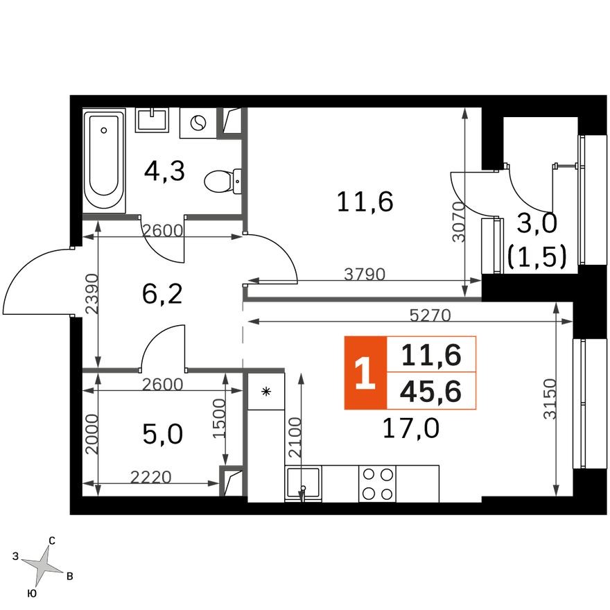 1к. квартира, 45.6 м²