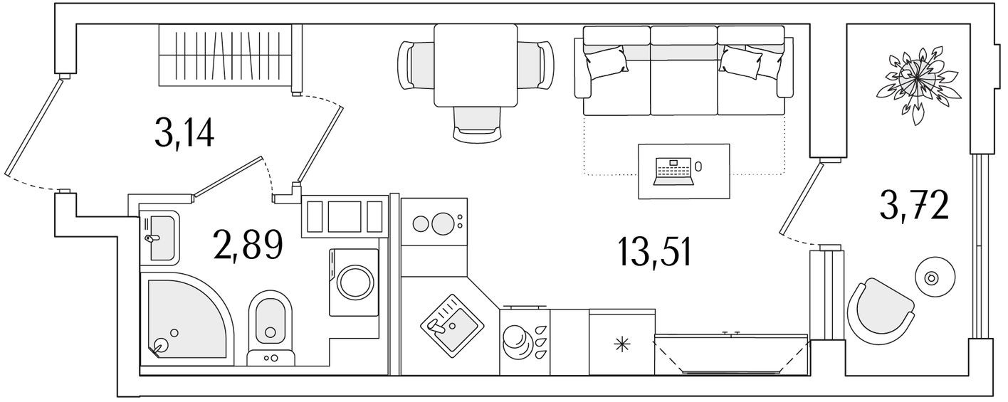 Студия-квартира, 21.4 м²