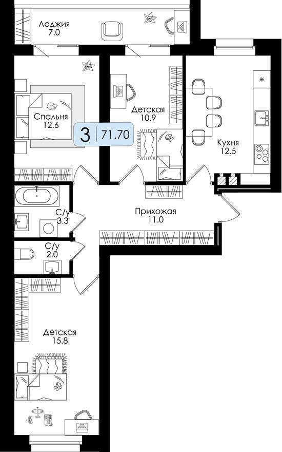 3к. квартира, 71.7 м²