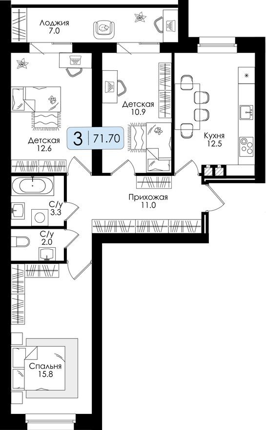 3к. квартира, 71.7 м²