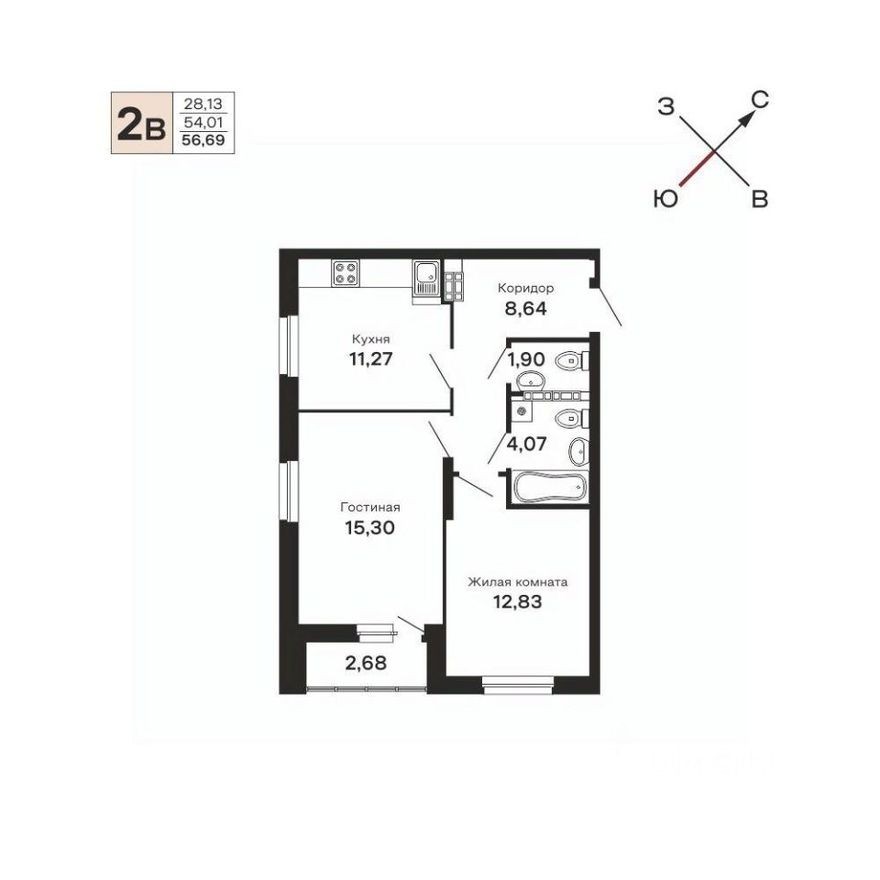 2к. квартира, 56.7 м²