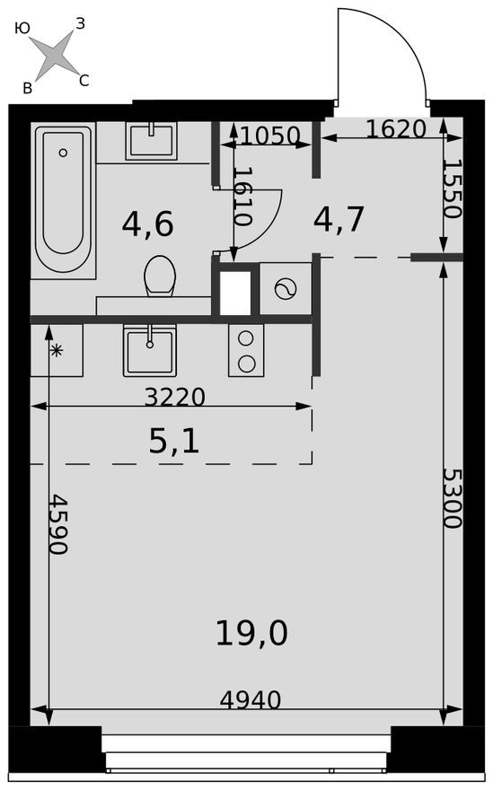 Студия-квартира, 33.4 м²