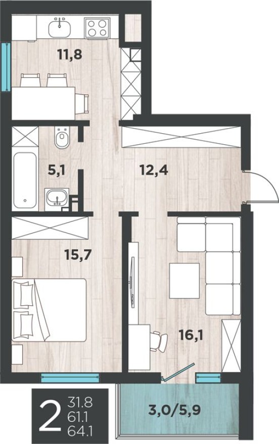 2к. квартира, 64.1 м²