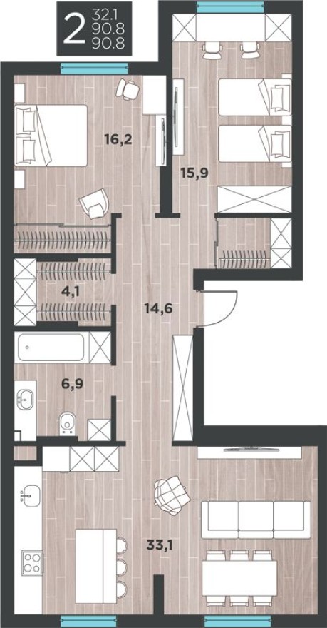 2к. квартира, 90.8 м²