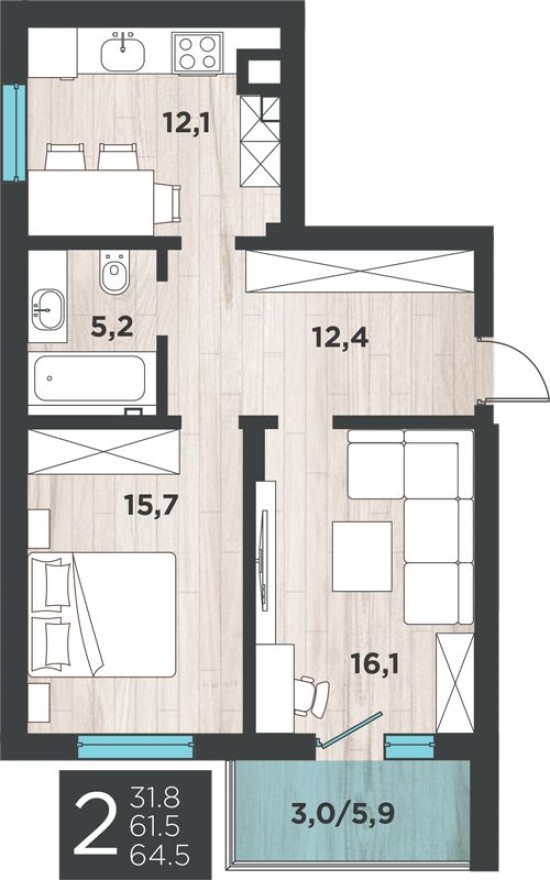 2к. квартира, 64.5 м²