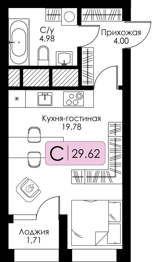 Студия-квартира, 29.6 м²