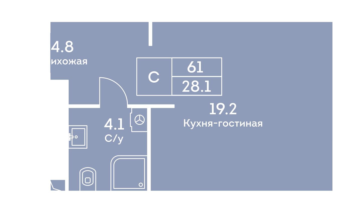 1к. квартира, 28.1 м²