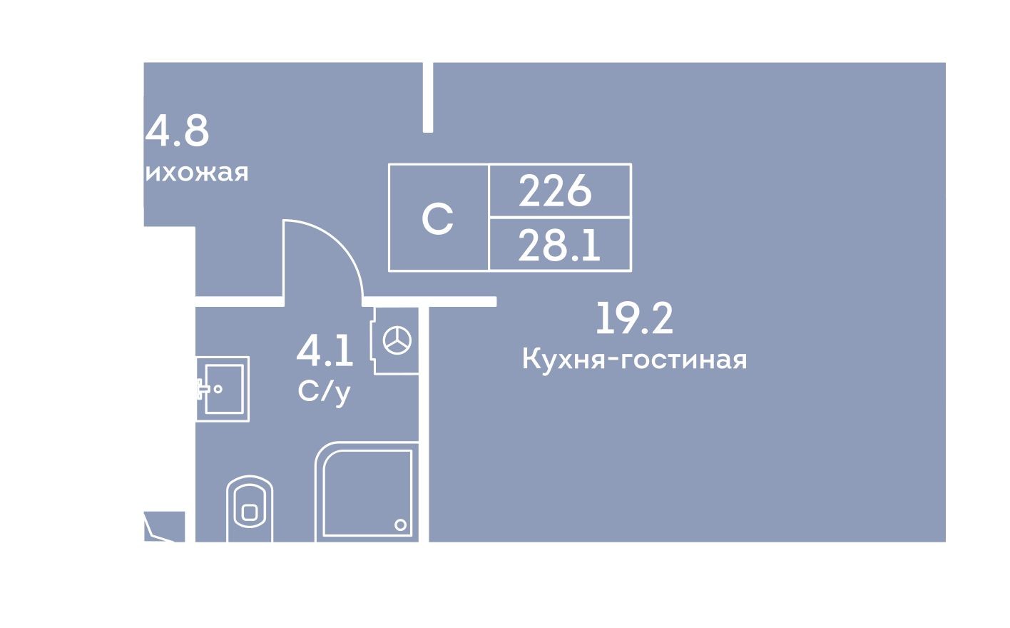 1к. квартира, 28.1 м²