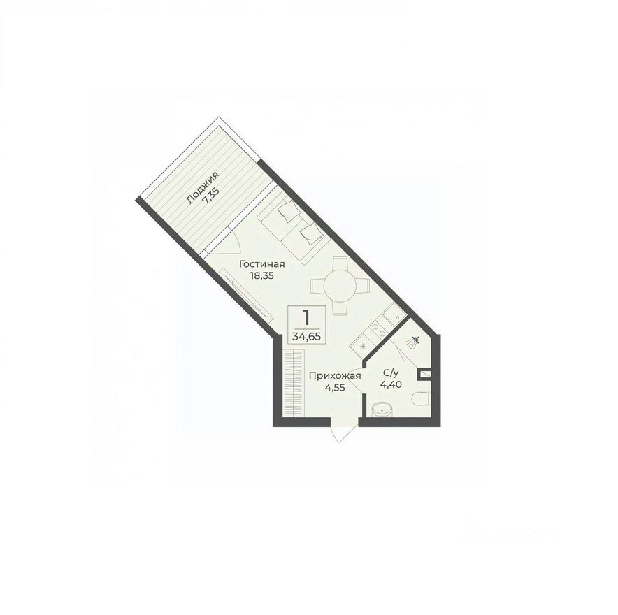 Студия-апартаменты, 34.7 м²