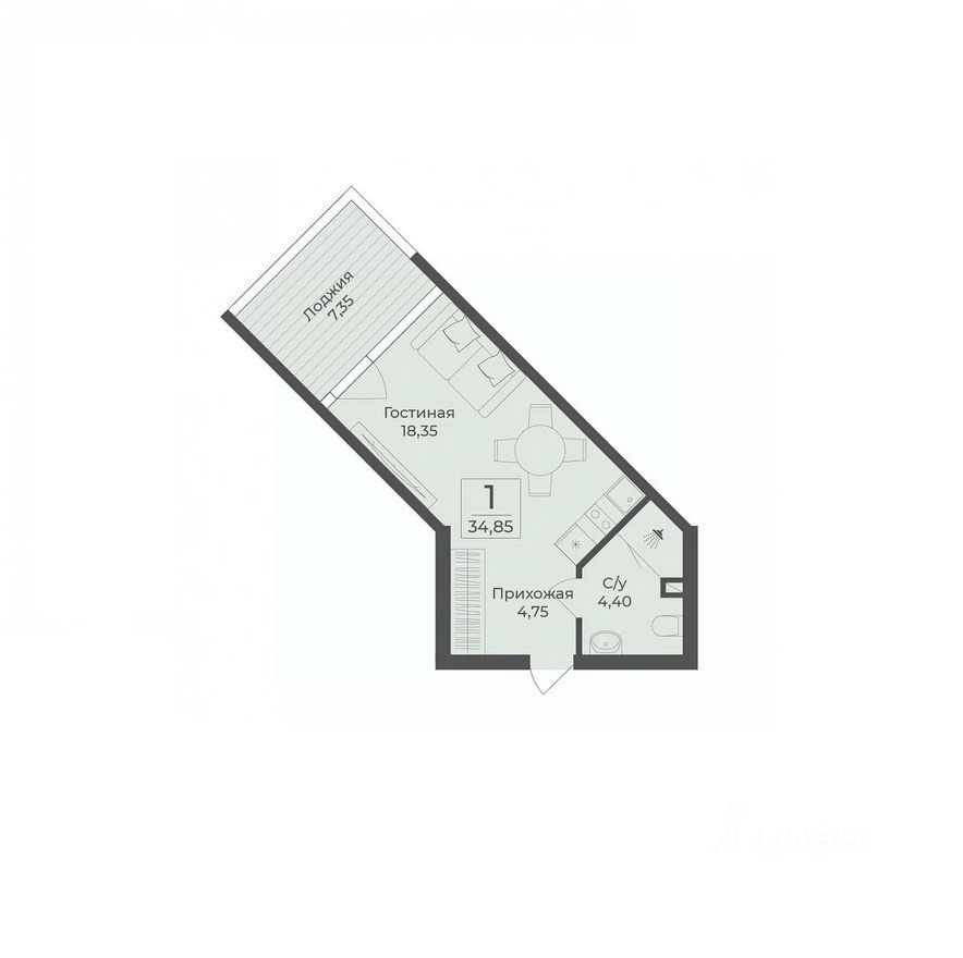 Студия-апартаменты, 34.9 м²