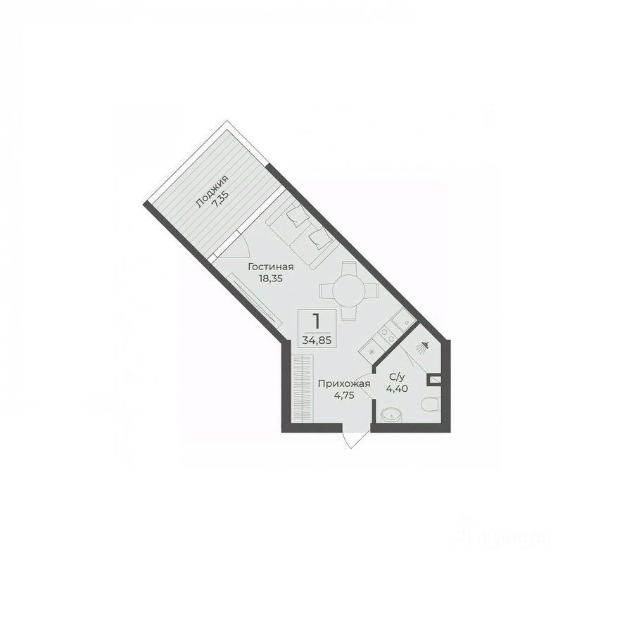 Студия-апартаменты, 34.9 м²