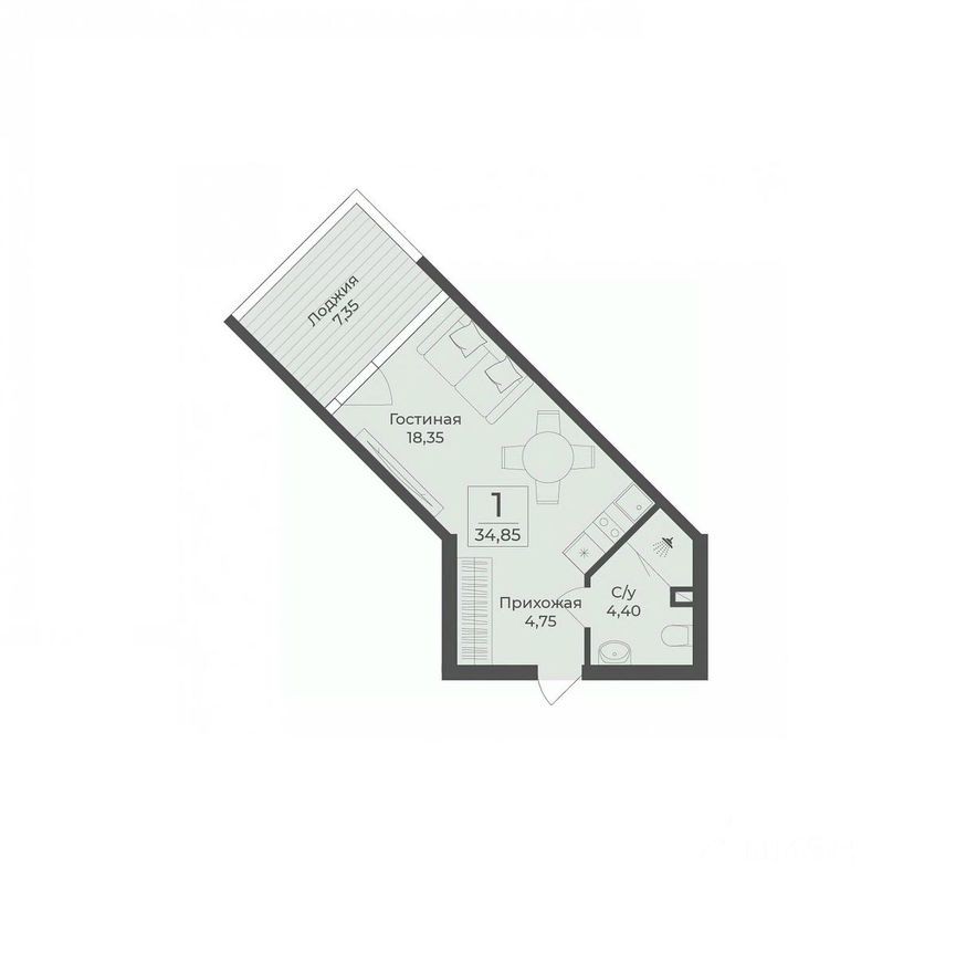 Студия-апартаменты, 34.9 м²