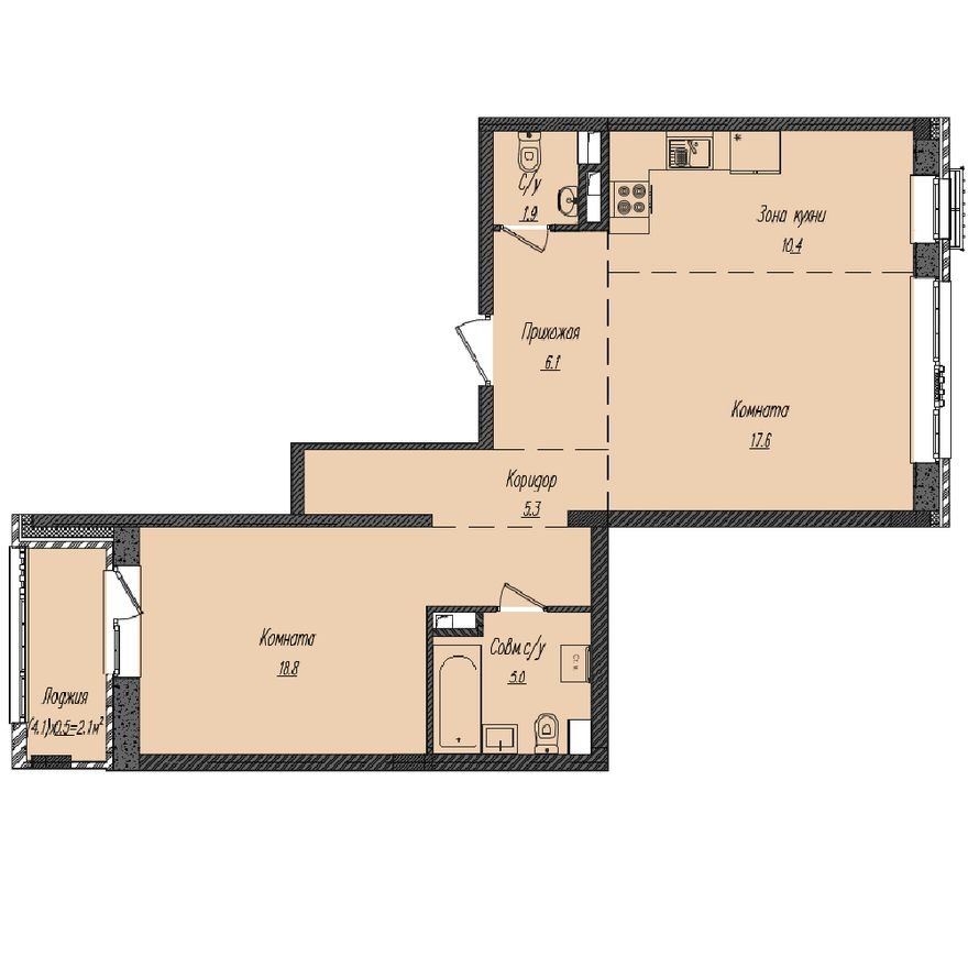 2к. апартаменты, 67.2 м²