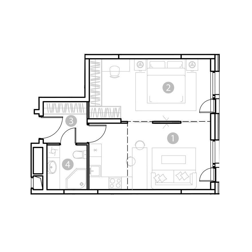 2к. апартаменты, 43.3 м²