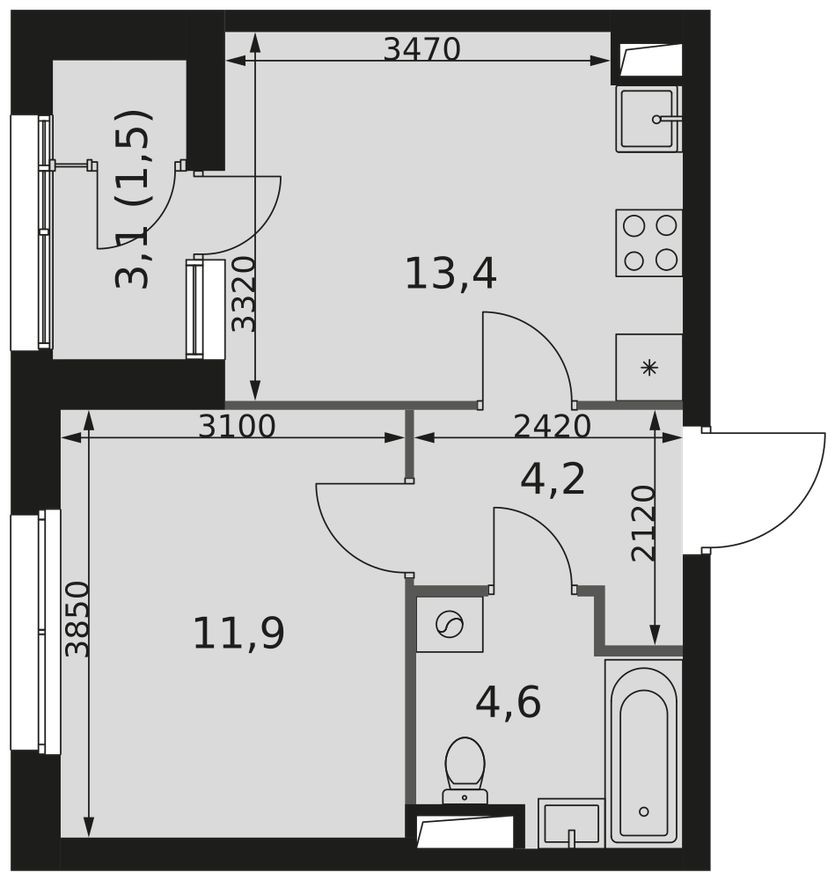 1к. квартира, 35.6 м²