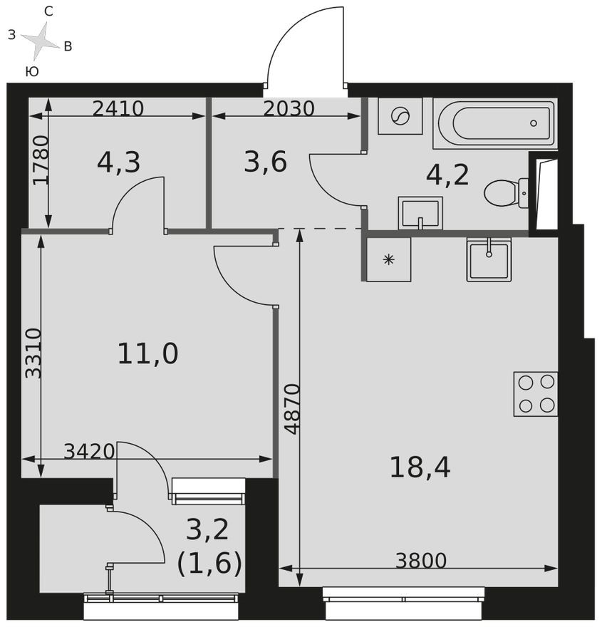 1е квартира, 43.1 м²